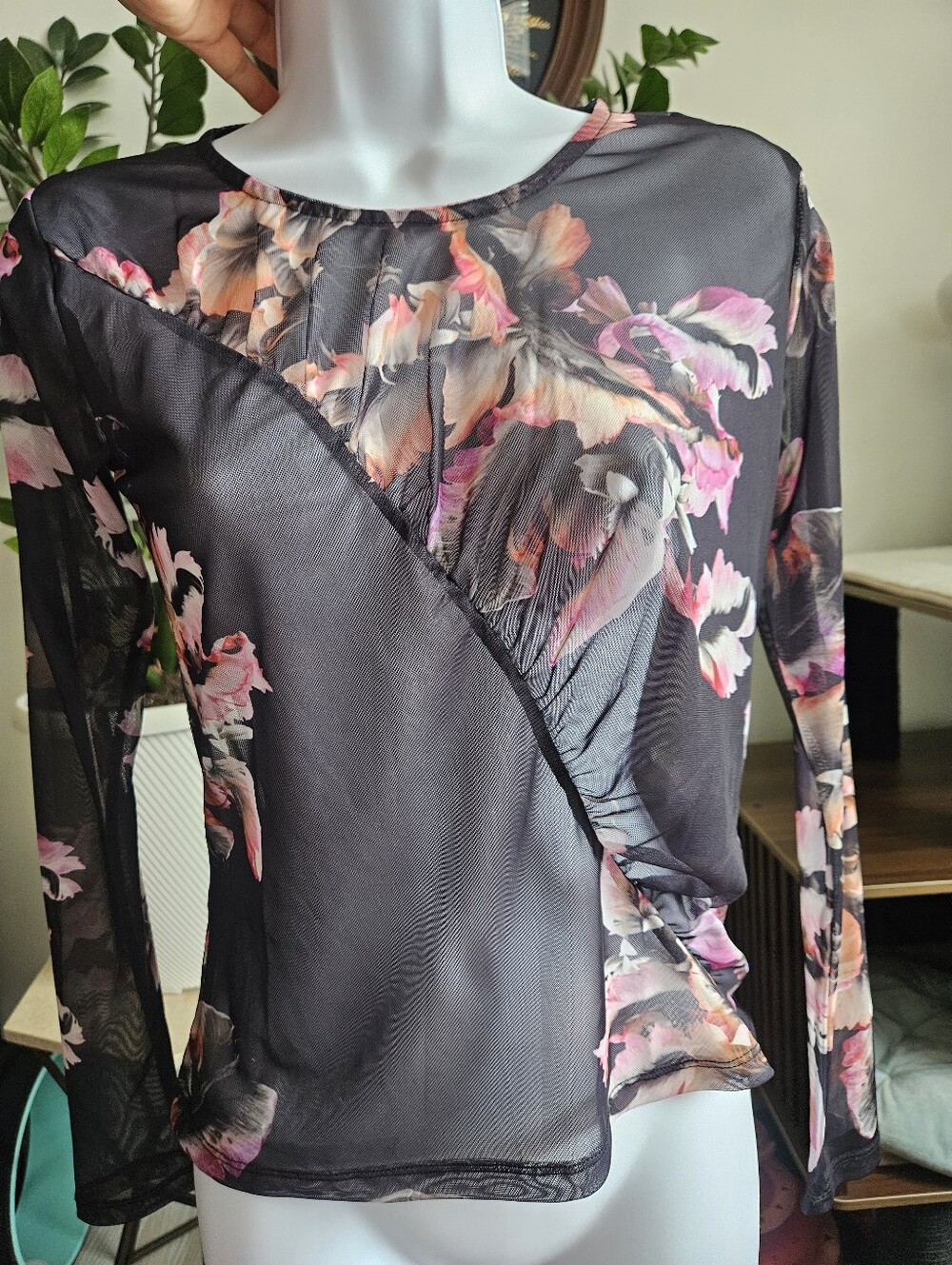New No Tag..Floral Black Mesh Long-Sleeve Top